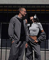 Модный и комфортный мужской тёмно-серый спортивный костюм из двунитки на манжетах: Штаны и Кофта на молнии