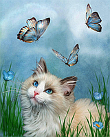 Набор Алмазная мозаика вышивка Кошка и бабочка котенок пушистый на подрамнике полная 5d 30х40