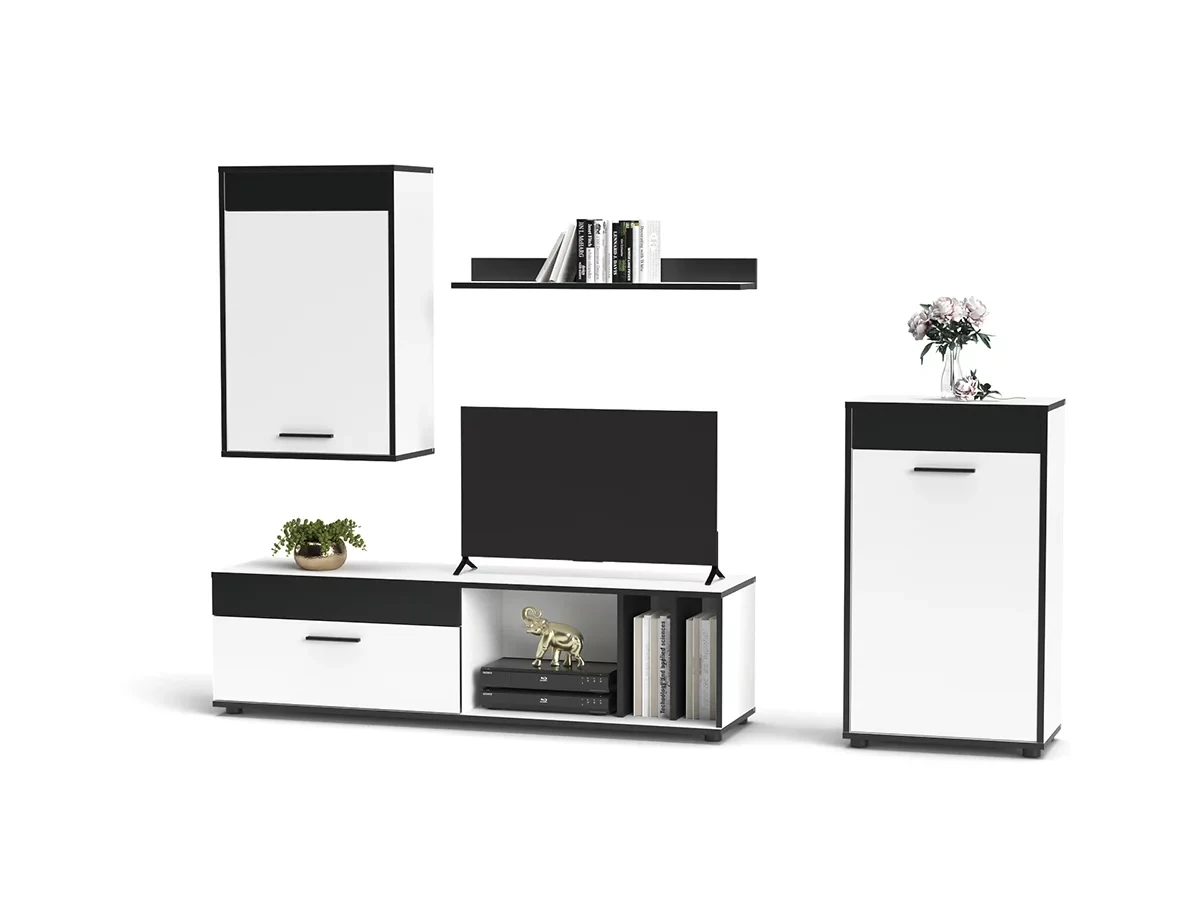 Дизайнерська стінка у вітальню з ТВ тумбою Відкритою навісною полицею Підлогою та настінним шафою з ЛДСП, фото 1