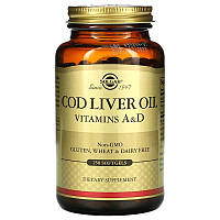 Витамин А и Д из масла печени трески Cod Liver Oil Vitamins A D Solgar 250 гелеввых капсул CM, код: 7701346