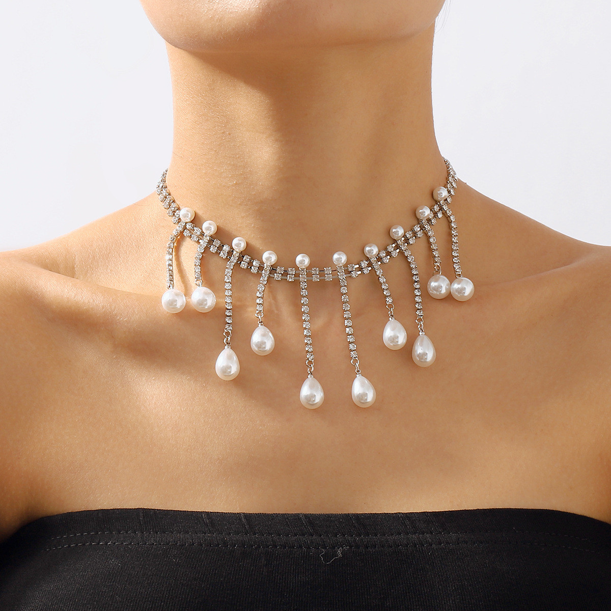 Кольє сріблясте зі стразами, яскрава біжутерія на вечір, весілля, прикраса на шию,FS-2146, фото 1