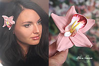 Персиковая заколка для волос цветок "Персиковая орхидея с росписью".