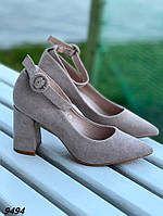 Женские туфли экозамша бежевые на высоком устойчивом каблуке с острым носиком 39