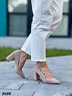 Женские туфли экозамша бежевые на высоком устойчивом каблуке с острым носиком 36