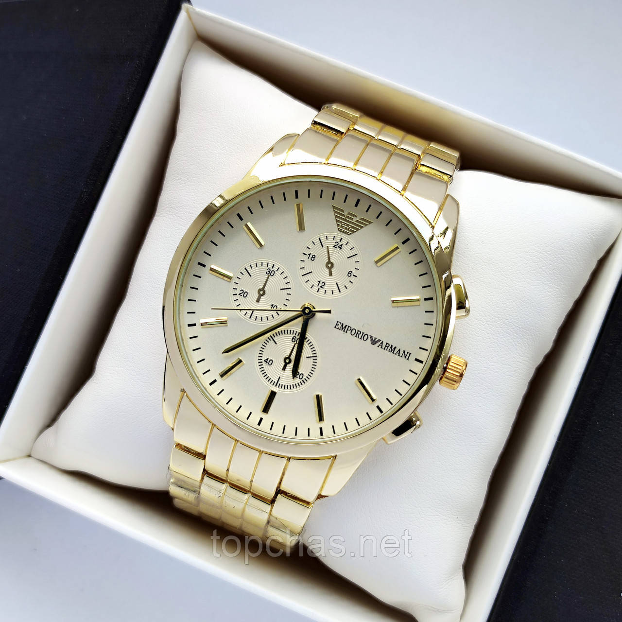 Золотий чоловічий наручний годинник Emporio Armani (Армані) світлий циферблат, блакитне покриття - код 2202t