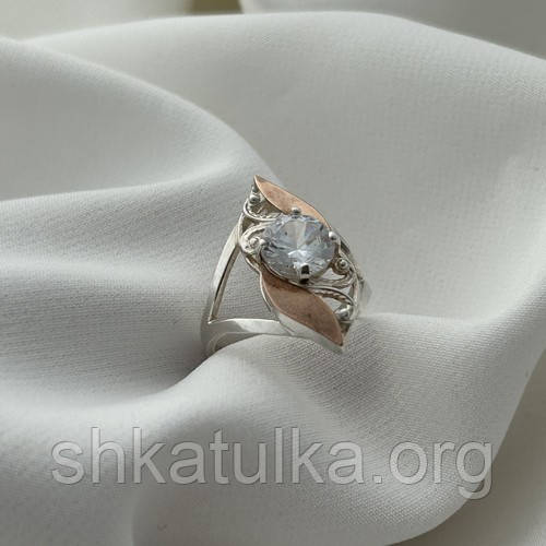 Кольцо серебряное с золотыми напайками и круглым белым цирконом - фото 2 - id-p1937157187