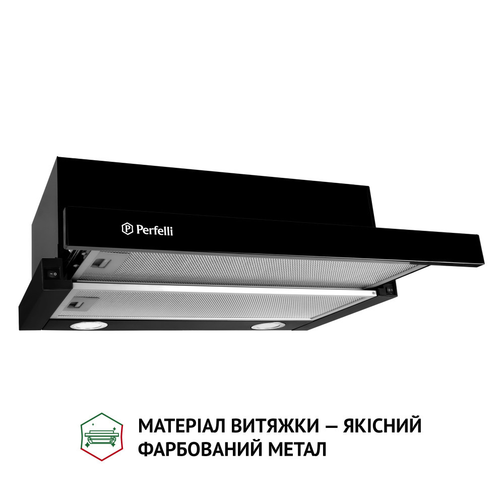 Кухонна витяжка Perfelli TL 5212 BL 700 LED, чорна телескопічна вбудована в шафу, шириною 50 см, фото 1