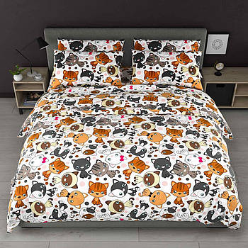 Постільна білизна Королева Ночі (Бязь) | Полуторний комплект | 50х70 | Різнокольорові коти на білому