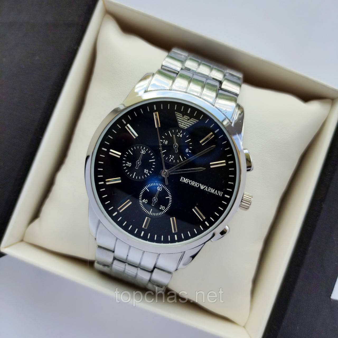 Золотий чоловічий годинник Emporio Armani (Армані) світлий циферблат, блакитне покриття - код 2203t