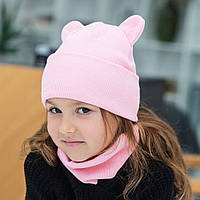 Комплект трикотажний шапка з вушками та снуд для дівчинки Іто Talvi 48-52 Рожевий 11424