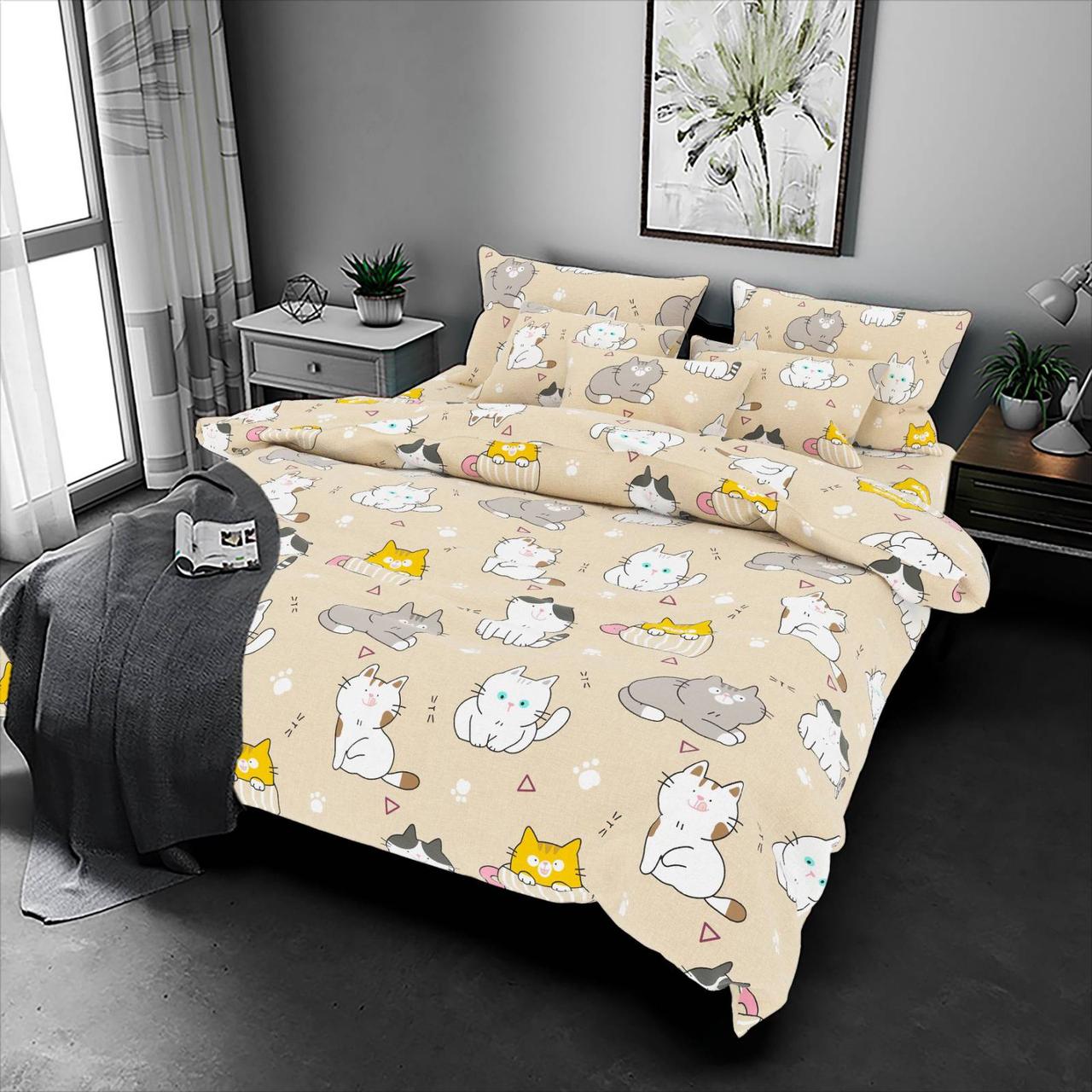 Підковдра на блискавці 145х215 (Бязь) | Полуторна підковдра від виробника "Королева Ночі" | Коти на бежевому, фото 1