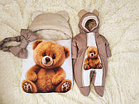 Зимний комплект для новорожденных детей спальник + комбинезон, принт рыжий Медвежонок