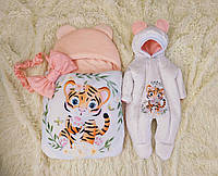 Теплый комплект спальник + комбинезон для новорожденных девочек, персиковый принт Тигренок