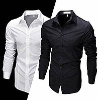 Классическая мужская рубашка с длинным рукавом приталенная однотонная, черная, белая, размер S, M, L, XL