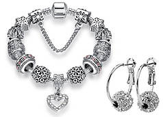 Браслет жіночий посріблений Charm  "silver heart" Сережки в подарунок