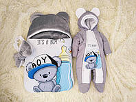 Теплый комплект для новорожденных мальчиков, принт Медвежонок Boy, серый с белым