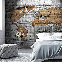 Красивые флизелиновые фотообои на кухню 368x254 см Карта мира нарисованная на серых кирпичах (10880V8) +клей