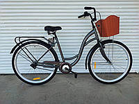 Городской велосипед Dorozhnik Aquamarine 26" St стальная рама 17" багажник, крылья, корзинка серый