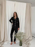 Женская пижама велюровая длинная размер S черная кофта+штаны для дома и сна цвет черный размер С