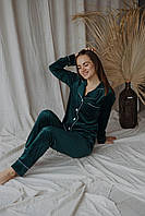 Женская пижама велюровая длинная размер L изумрудная кофта+штаны для дома и сна цвет изумрудный размер Л