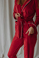 Женская пижама велюровая длинная размер L красная кофта+штаны для дома и сна цвет красный размер Л