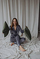 Женская пижама велюровая длинная размер L серая кофта+штаны для дома и сна цвет серый размер Л