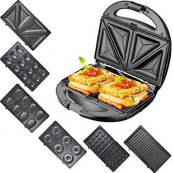 Мультипекар 6в1 насадками 1000Вт, MS 7706 / Багатофункціональна бутербродниця гриль / Сендвічниця вафельниця горішниця