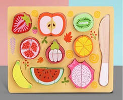 Логічна дерев’яна гра «Фрукти і ягоди», половинки на магнітах, з ножем, у плівці