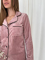 Жіноча піжама велюрова довга розмір XL пудрова кофта+штани для дому та сну колір пудровий розмір ХЛ