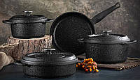 Набор посуды кастрюль премиум класса O.M.S. Collection 3050 с гранитно-мраморным покрытием Черный (Турция)