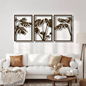 Панно 3D декоративне з об'ємом 15 мм для стін, Широке листя 50 х 103 см коричневе