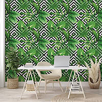 Красивые флизелиновые фотообои на кухню 460x300 см Зеленые листья на фоне черно-белой плитки (11229V12) +клей