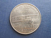 Монета квотер 25 центов США 2001 Р Северная Каролина самолёт