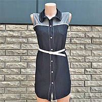 Сарафан шкільний сіро-чорний з білим поясом, на кнопках спереду