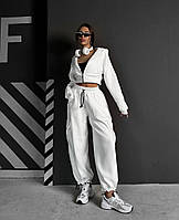 Женский спортивный костюм двойка кофта на молнии + штаны базовый стильный весенний цемент серый графит белый Білий