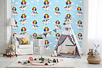 Детские флизелиновые фотообои для стен 416x254 см Единороги с воздушными шариками на голубом фоне