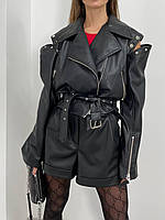 Женская трендовая Черная Куртка косуха из Эко-Кожи с отстегивающимися рукавами Размер S(42/44),M (44/46)