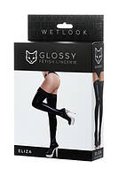 Панчохи Glossy з матеріалу Wetlook зі вставкою з мережива, чорний