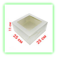 Белая картонная коробка для торта 250х250х110 мм самосборная с прозрачным окном
