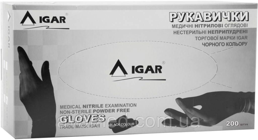 Рукавички нітрилові чорні IGAR медичні нітрилові оглядові нестерильні неопудрені (200 шт) M