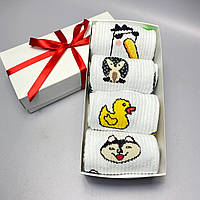 Бокс носков женских длинных весна-осень белых с милыми классными рисунками 36-41 4 пары в подарочной упаковке