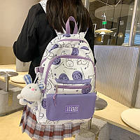 Рюкзак у корейському стилі з іграшкою брелоком зайчик водонепроникний для ноутбука навчання школи Фіолетовий