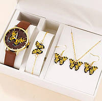 Женские часы Cadvan с коричневым ремешком из экокожи + набор бижутерии