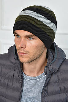Шапка чоловіча на флісі в чорно-зелену смужку 163758M