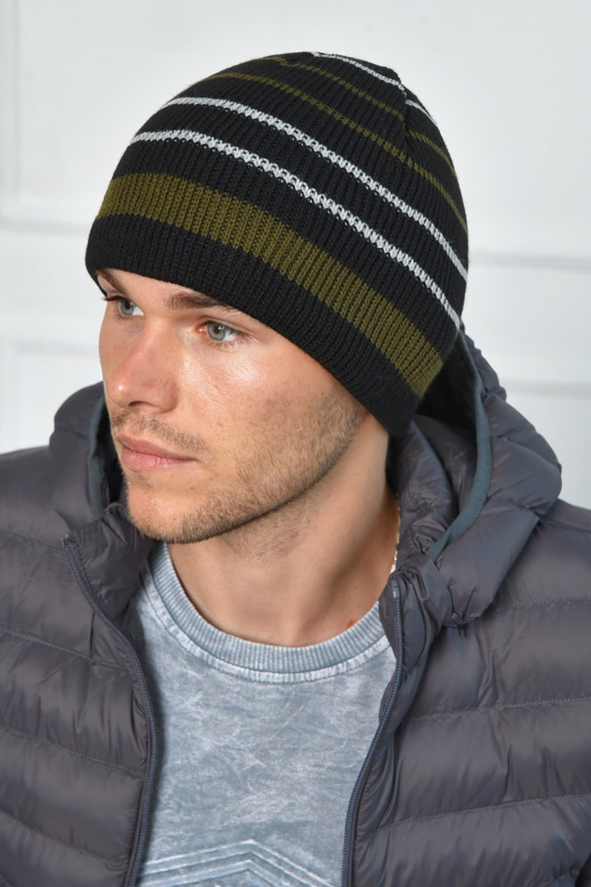 Шапка чоловіча на флісі в чорно-зелену смужку 204454M, фото 1