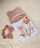 Теплий комплект спальник + комбінезон для новонароджених, принт герб та квіти, фото 4