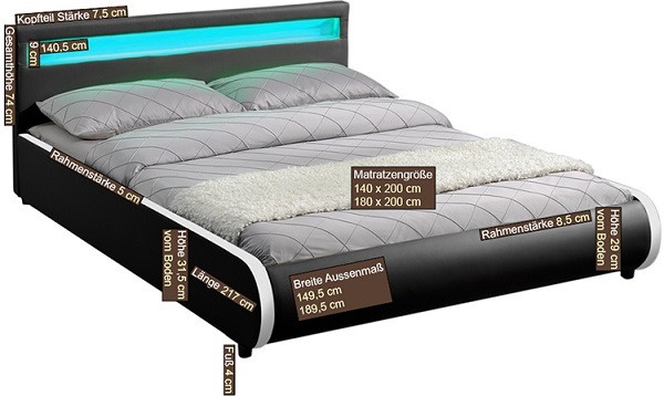 Елегантная кожаная кровать SEVI 180х200 см. с LED подсветкой - фото 3 - id-p339084541