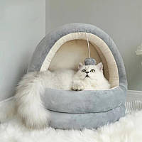 Домик Для Кошек с Игрушкой 42 см Глубокая Мягкая Лежанка Кровать с Внутренней Подушкой Серая