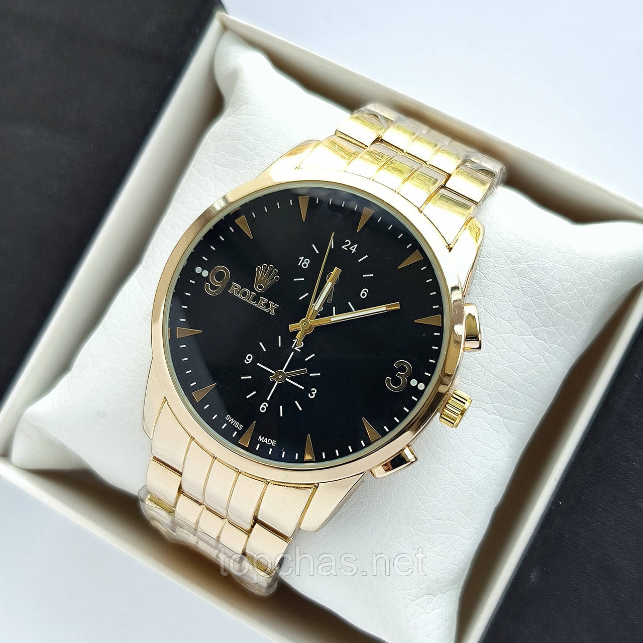 Наручний годинник Rolex (ролекс) для чоловіків, золото з чорним циферблатом, блакитне скло - код 2206t