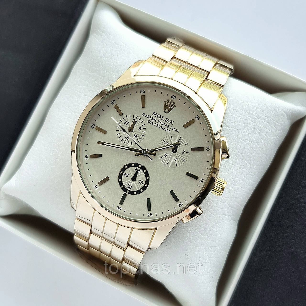 Золотий наручний годинник Rolex (ролекс) для хлопців, світлий циферблат, блакитне скло - код 2208t